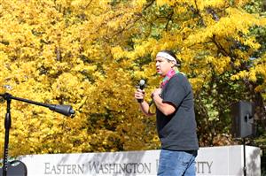  Levi Horn gives a speech on Eastern Washington University’s campus on Indigenous Peoples’ Day.