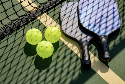 Pickleball racket, net, and balls.