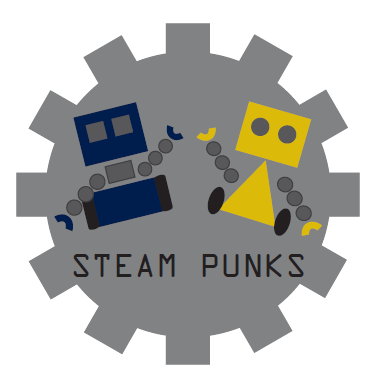 STEAM PUNKS logo - two happy robots over the text STEAM PUNKS in a grey gear.